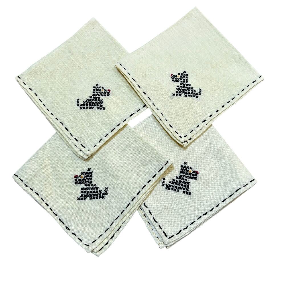 Cocktail napkins (4) YELLOW cotton hand embroidery black Scottish Terriers